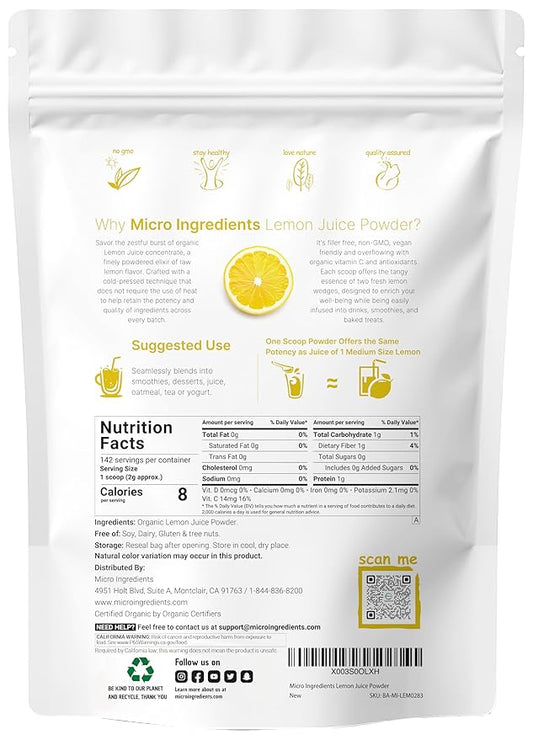 Organic Lemon Juice Powder, 10 Ounce, Cold Pressed Concentrated, Filler Free, Rich in Natural Vitamin C for Immune System Booster, Great Flavor for Soda, Baking and Cooking, Vegan Friendly