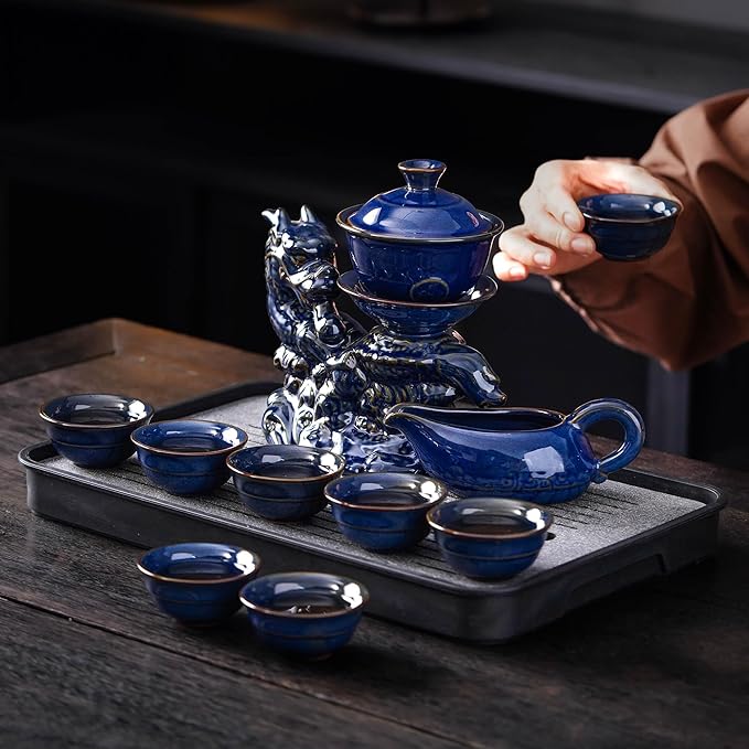 Semi Automatic Tea Set Ceramic Teapot with Infuser Magic Teapot with 8 cups (Dark Blue Dragon-B)