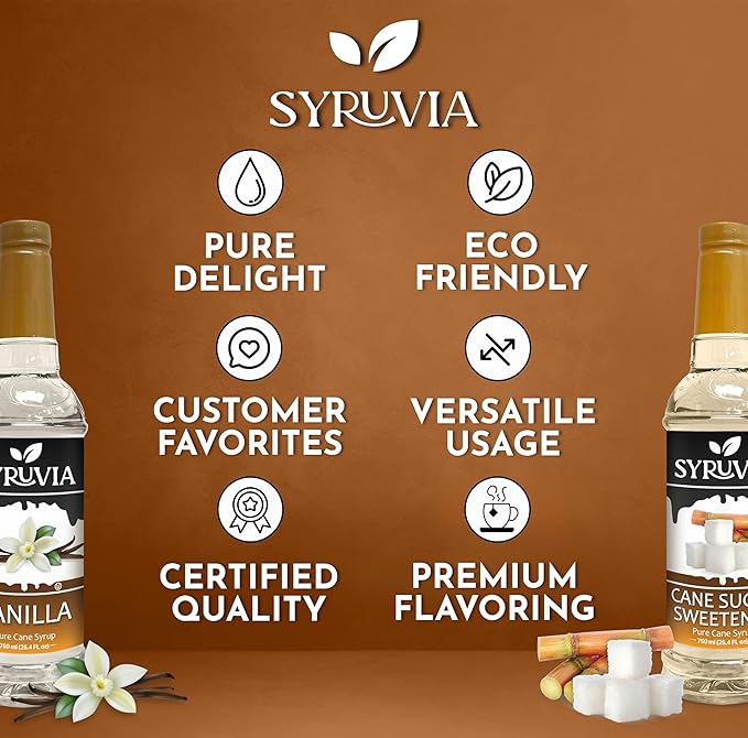 Syruvia Coffee Syrup Variety Pack - Vanilla & Cane Sugar Sweetener- Gluten-Free, Kosher, 25.4 fl oz Bottles - Enhance Your Coffee Experience with Premium Flavoring Syrups