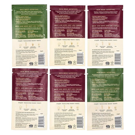 Teeccino Herbal Coffee Sampler - 6 x 30g Trial Size Chicory Coffee Alternatives - French Roast, Vanilla Nut, Hazelnut, Mocha, Maca Chocolate, Java – Prebiotic, Caffeine Free & Acid Free