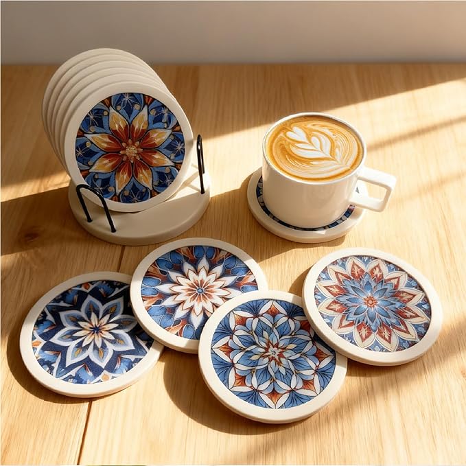 Indigo Floral Non-Slip Silicone Coasters, 4-Pack Double-Sided Absorbent Cup Mats for Hot & Cold Drinks, Scratch & Water Ring Protection for Wood Tables, Home Office Bar Use (6PC Wanda La)