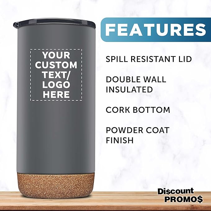DISCOUNT PROMOS Custom Tumblers Cork Bottom 16 oz Set of 10/50/100 Personalized Bulk Pack Double Wall Insulated Matte Finish Iced Coffee Soda - Grey