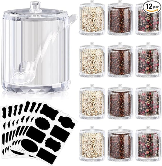 Tioncy 12 Pcs Hot Cocoa Bar Supplies Sugar Bowls with Lid and Spoon Party Bar Ice Cream Sundae Caramel Apple Dipping Container Christmas Acrylic Candy Dispenser with Tag (8 oz,Clear)