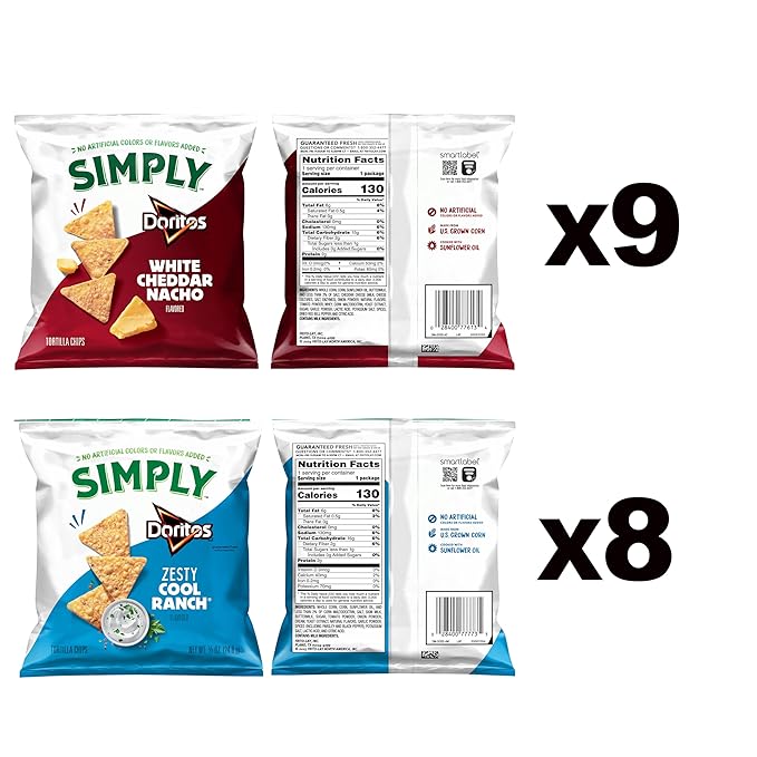 Simply, Doritos White Cheddar Nacho and Zesty Ranch Variety Pack, 0.875 Oz (Pack of 17)