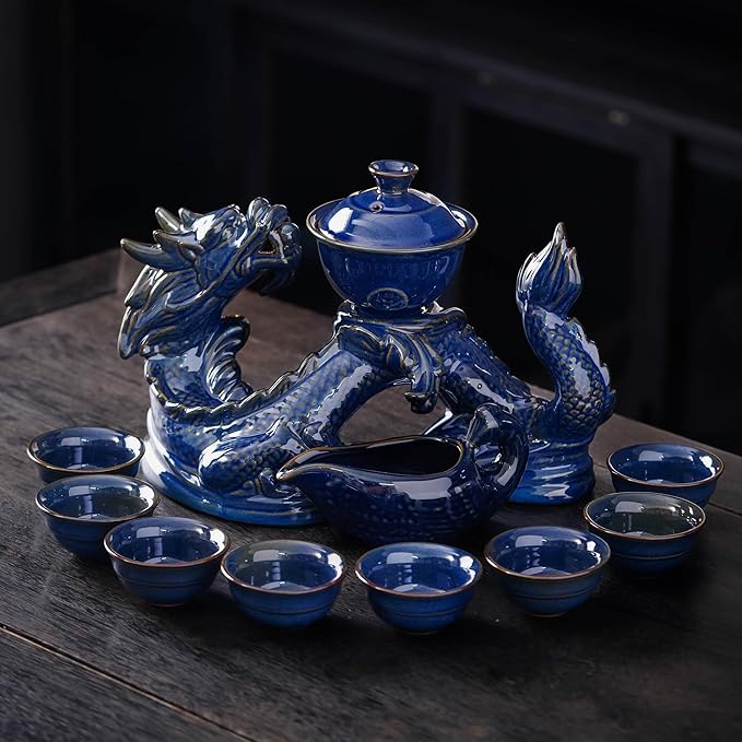Semi Automatic Tea Set Ceramic Teapot with Infuser Magic Teapot with 8 cups (dark blue dragon-a)