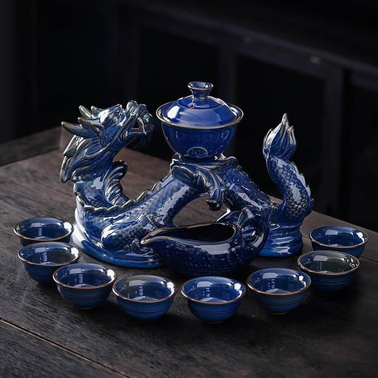 Semi Automatic Tea Set Ceramic Teapot with Infuser Magic Teapot with 8 cups (dark blue dragon-a)