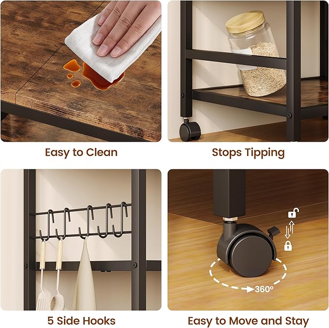 Homeiju 3-Tier Wooden Microwave Cart with Storage, 22.4''W Microwave Stand Coffee Cart Rolling Kitchen Utility Cart with Wheels, 5 Hooks, Rustic Brown and Black