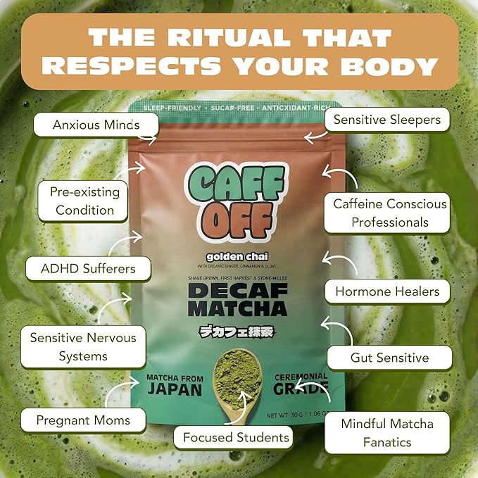 Caff Off Decaf Chai Matcha Green Tea Powder From Japan – 1.06 oz / 30 g – With Real Ground Chai Adaptogen - Ceremonial Grade & Sugar-Free – No Fillers or Milk Powders – Naturally Decaffeinated Without Chemicals – Tested for Heavy Metals – First Harvest...