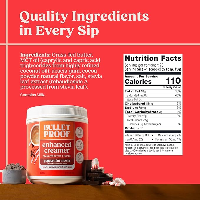 Bulletproof Peppermint Mocha Creamer, 14.8 Ounces, Keto Coffee Powder Creamer with MCT Oil and Grass-Fed Butter