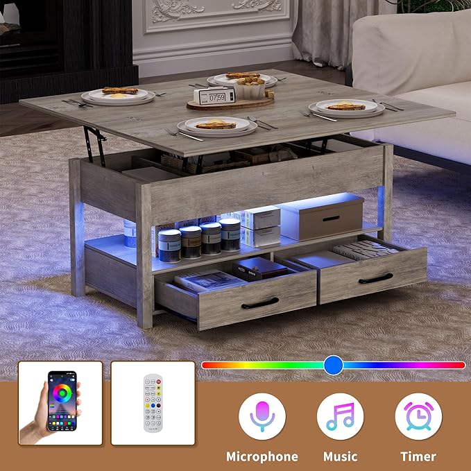42'' Lift Top Coffee Table with LED, 4-in-1 Multifunctional Coffee Table with Drawers and Hidden Compartments, Converts to Dining Table for Living Room, Reception Room, Grey