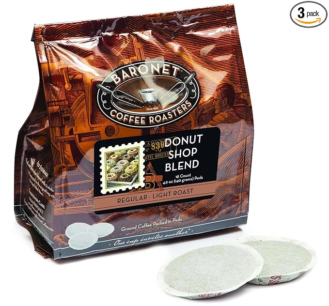 Baronet Coffee Pods [Donut Shop-54 Pods] Single Cup Use Like Senseo Coffee Pods- 3 Bags of 18 Single Serve 8 Gram Pods, Regular Strength Soft Coffee Pods, Medium Roast [Donut Shop]