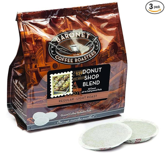 Baronet Coffee Pods [Donut Shop-54 Pods] Single Cup Use Like Senseo Coffee Pods- 3 Bags of 18 Single Serve 8 Gram Pods, Regular Strength Soft Coffee Pods, Medium Roast [Donut Shop]