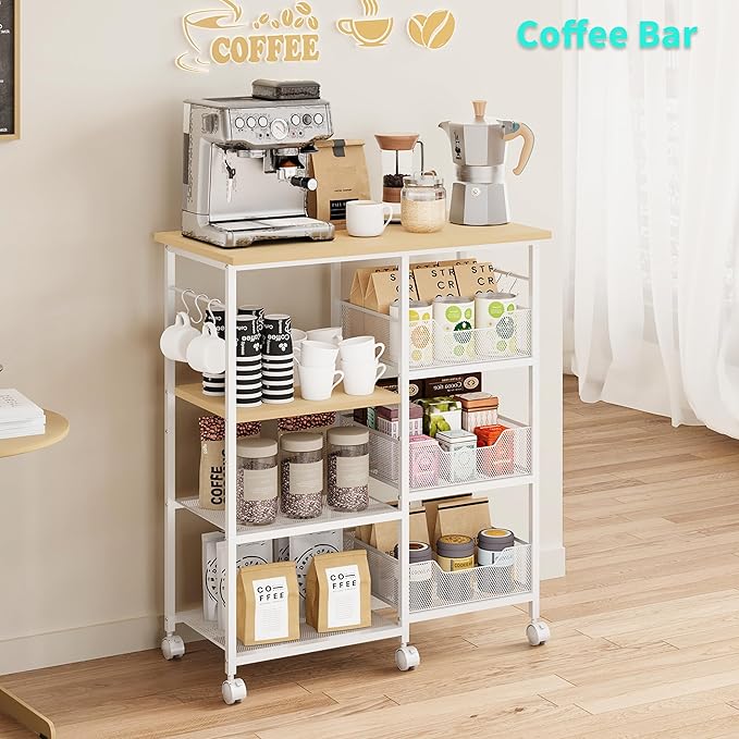HapiRm Rolling Kitchen Carts with Storage - Microwave Table Stand with 6 Hooks & 3 Baskets, kitchen Island Cart on Lockable Wheels, 28.3" L × 14.6" W Bakers Rack Cart for Dining Room Coffee Bar Office