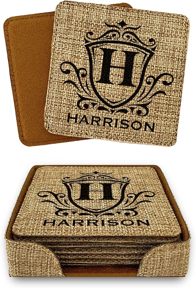Smile Art Design Family Personalized Monogram Coaster Set of 6 with Base Square Burlap Material Family Name Personalized Prints House Warming Wedding Gift Dining Room Kitchen Rustic Decor Style4
