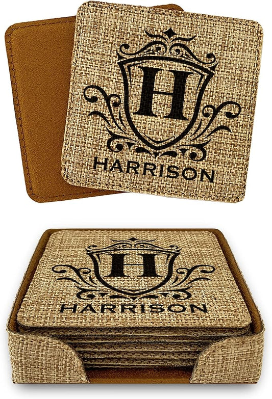 Smile Art Design Family Personalized Monogram Coaster Set of 6 with Base Square Burlap Material Family Name Personalized Prints House Warming Wedding Gift Dining Room Kitchen Rustic Decor Style4