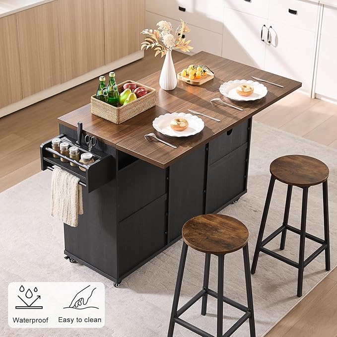 57" Kitchen Island with Storage — Kitchen Rolling Island with Trash Can Storage Cabinet, Power Outlet & Drop Leaf, Large Mobile Island Cart on Wheels with Spice & Towel Rack, Knife Holder (Black)