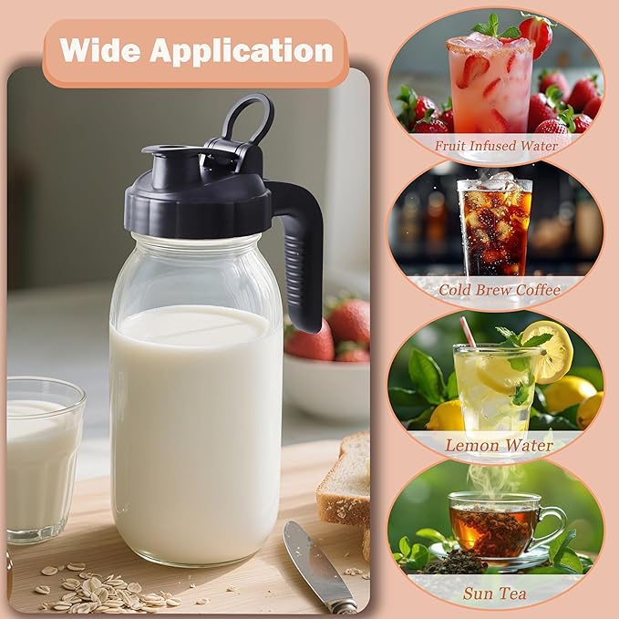 Half Gallon Mason Jar Pitcher With Lid 64 Oz Cold Hot Water Pitchers With Pour Spout 2 Quart Sun Tea Glass Jug For Fridge Beverage,Tea, Coffee, Lemonade, Juice, Milk Container Leakproof