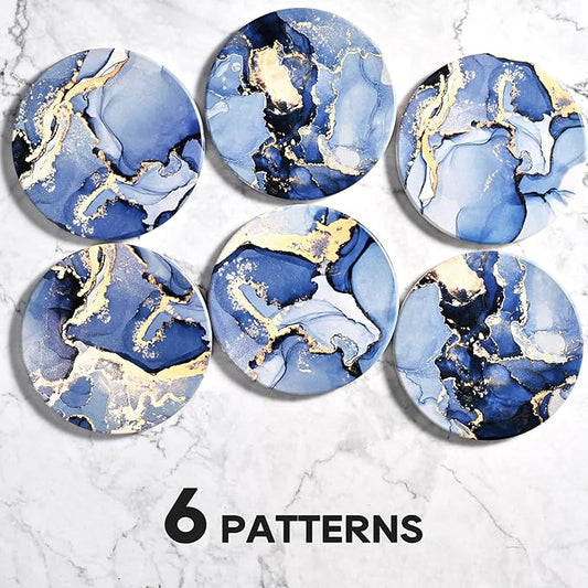 CoColemon Navy Blue Absorbent Coasters Set of 6, Marble Abstract Coaster with Holder, Home Coffee Table Décor for Women, Cute Cork Coasters for Drinks