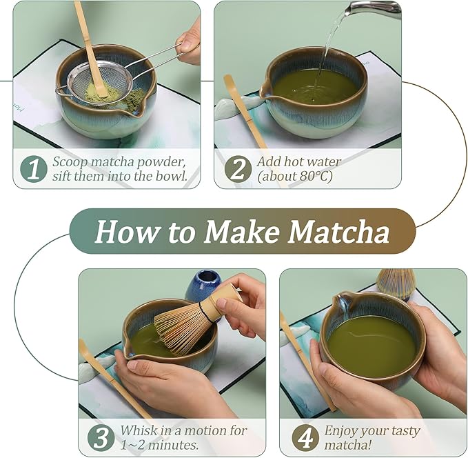 Matcha Whisk Set for Tea Lovers BittPicc 8Pcs Ceramic Matcha Tea Set with Bamboo Whisk, Bowl, Scoop & Holder - Gift for Starter Friend Family Traditional Japanese Tea Ceremony and Breakfast