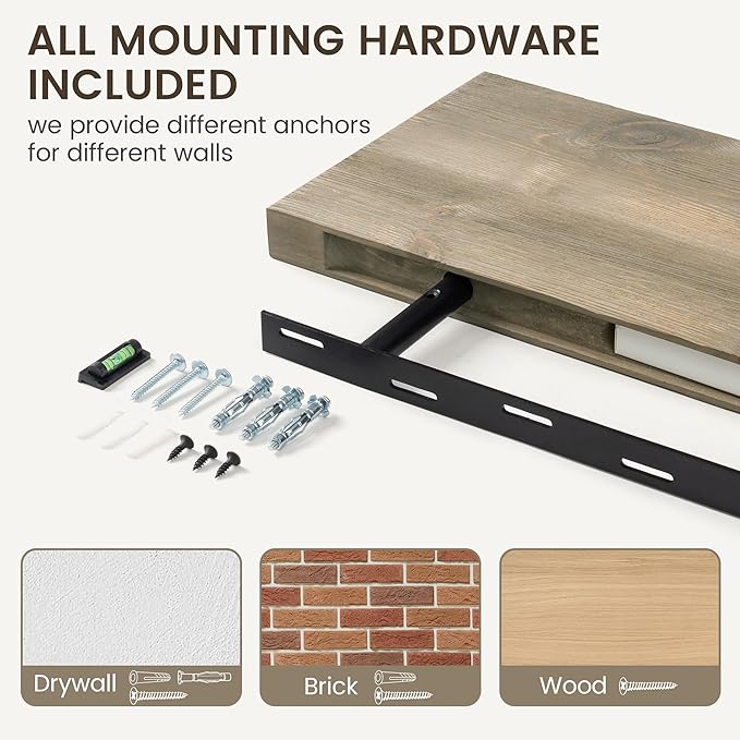 Marsmiles Floating Shelves | 24 Inch Grey Wood Wall Shelves Set of 2 | 9.3 Inch Deep Rustic Reclaimed Wood Shelves for Room Wall | Farmhouse Floating Shelves for Living Room Bathroom