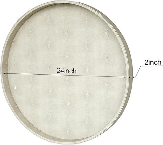 HofferRuffer Large Round Serving Tray 24'', Elegant Faux Leather Circle Ottoman Table Tray, Serve Tea Coffee Breakfast in Bedroom Living Room Kitchen (Cream White)