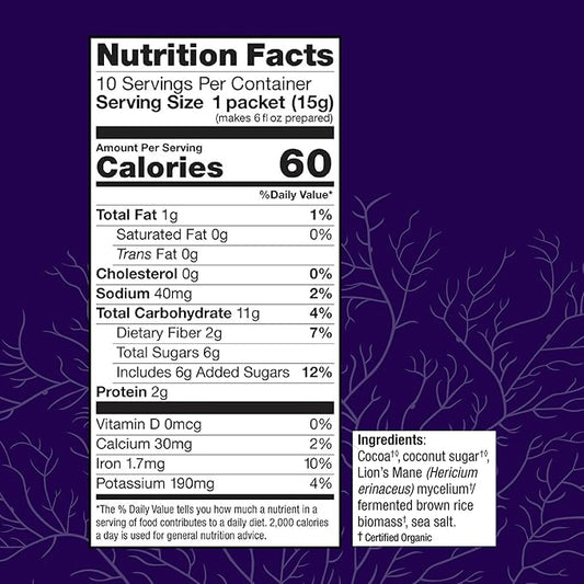 Host Defense MycoBrew Cocoa - Cocoa Drink Mix Includes Lion's Mane Mushroom Powder - Superfood Powder Drink Mix with Fair Trade Certified Chocolate - 10 Packets (10 Servings)