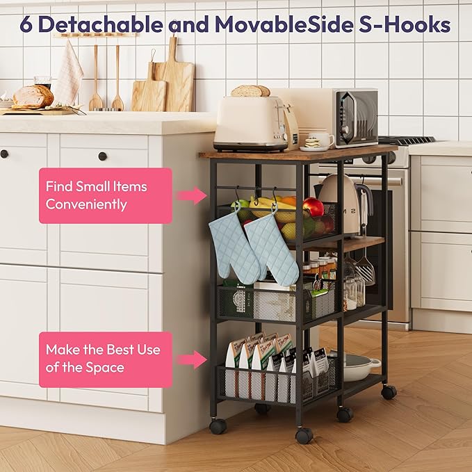 SWTYMIKI Kitchen Island Cart on Wheels - 28.35x14.57in Rolling Kitchen Table Cart with Storage Shelves, 6 Removable Hooks& Locking Casters, Coffee Bar Cabinet for Dining Room Pantry Office, Espresso