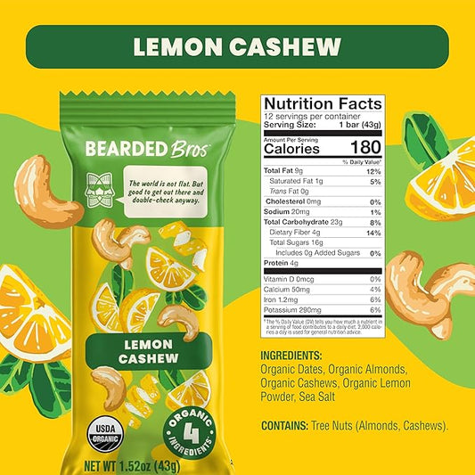 Bearded Brothers Vegan Organic Food Bar - Lemon Cashew, 12 Pack, Gluten Free, Paleo, Fiber, Whole 30 | Non GMO Low Glycemic Snacks (Packaging May Vary)