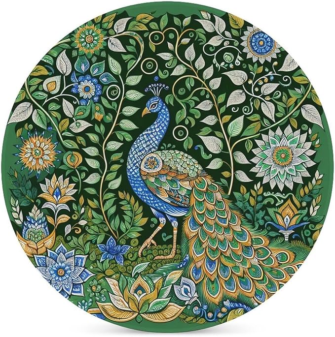 Round-6PCS Peacock Ceramic Coasters, Round Absorbent Drink Coasters, Beautiful Green Plant Floral Peacock Boho Art Pattren Ceramic Table Coasters for Coffee, Beverage, Wine, Beer Coasters
