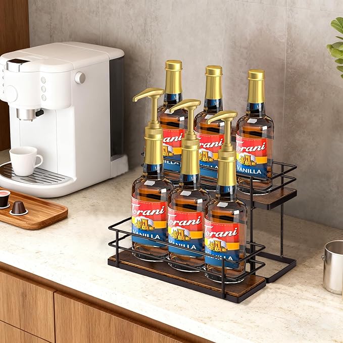 EFYSE Coffee Syrup Organizer rack, 2 Tier Syrup Holder(6 Bottle Capacity) for coffee bar syrup storage,kitchen condiment organization and wine display.