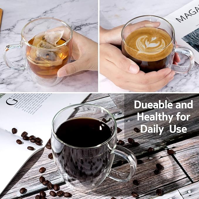 Gmark Large Coffee Mugs Set of 2 (12 oz, 350 ml), Double Wall Tumbler Glass Cup, Insulated Coffee Cups for Tea, Latte, Espresso, Juice, or Water GM2029