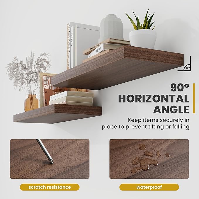 24 Inch Floating Shelves, 9.3" Deep Floating Shelf Wall Mounted, 24" Wall Shelves, Rustic Deep Bookshelf, Large Display Shelves & Storage Shelves for Bedroom, Living Room, Walnut, Set of 2