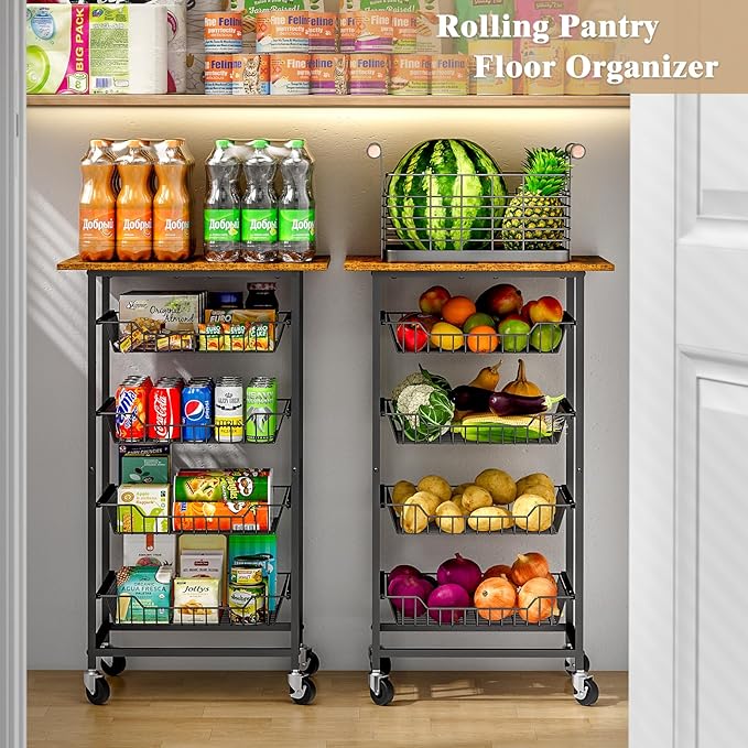 Kitchen Microwave Cart with Fruit Baskets, 5 Tier Microwave Table Stand with Fruit Vegetable Storage Small Rolling Cart on Wheels, Floor Organizers and Storage for Pantry Kitchen, Living Room