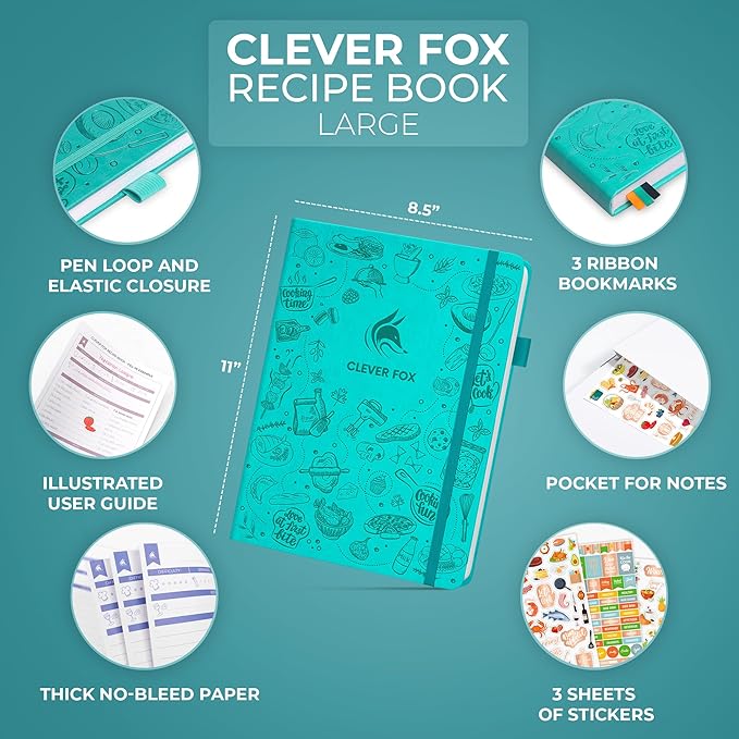 Clever Fox Recipe Book – Make Your Own Family Cookbook – Blank Recipe Notebook Organizer – Empty Cooking Journal to Write In Recipes – Large Size, 8.5”x11.2”, Hardcover, Turquoise