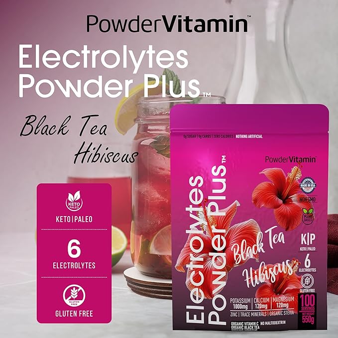 PowderVitamin Electrolytes Powder Plus (100 Servings) Black Tea Hibiscus Electrolyte Powder Keto, Sugar Free, Pink Himalayan Salt,1000mg Potassium,120mg Calcium,120mg Magnesium, Hydration Powder