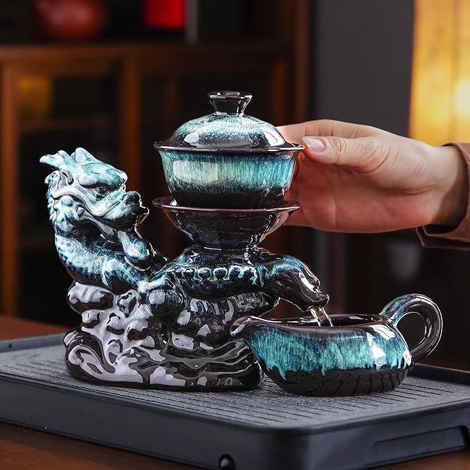 Ceramic Teapot with Infuser Semi Automatic Tea Set Magic Teapot with 8 cups Gradient Color (Gradient Dragon- B)