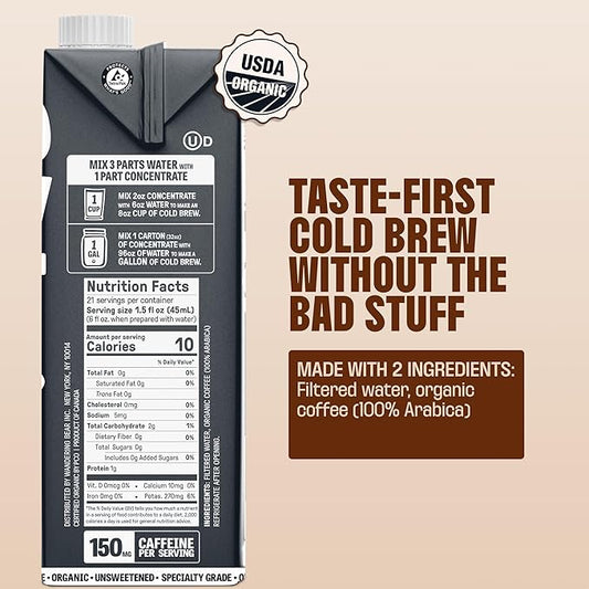 Wandering Bear Organic Unsweetened Extra Strong Cold Brew in a Box - Make Your Own Iced Coffee Drink with Wandering Bear Black Concentrate, Shelf-Stable & Vegan - 21 Servings - 32 fl.oz