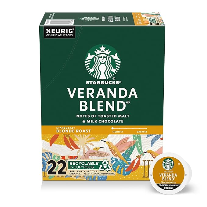 Starbucks K-Cup Coffee Pods, Blonde Roast Hot or Iced Coffee, Veranda Blend, 22 Keurig Pods