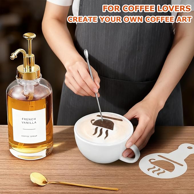 Coffee Syrup Dispenser for Bar, Glass Syrup Bottle with Pump, Coffee Pump Dispenser Bottle with Tray, Spoon for Station,16.9 oz, 500 ml