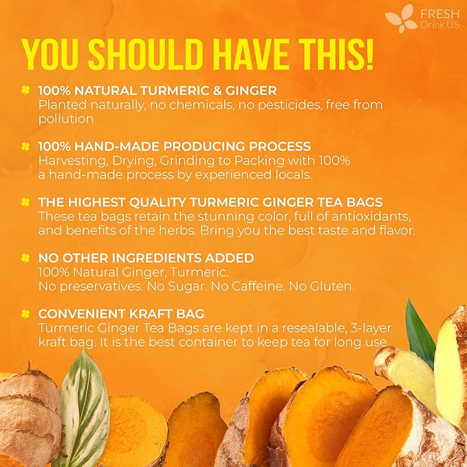 FreshDrinkUS, Premium 45 Ginger Turmeric Tea Bags, 100% Natural Ingredients, Hand-made Blend of Ginger and Turmeric Herbal Tea, Eco-conscious Tea Bags. No Sugar, No Caffeine, No Gluten, Vegan.