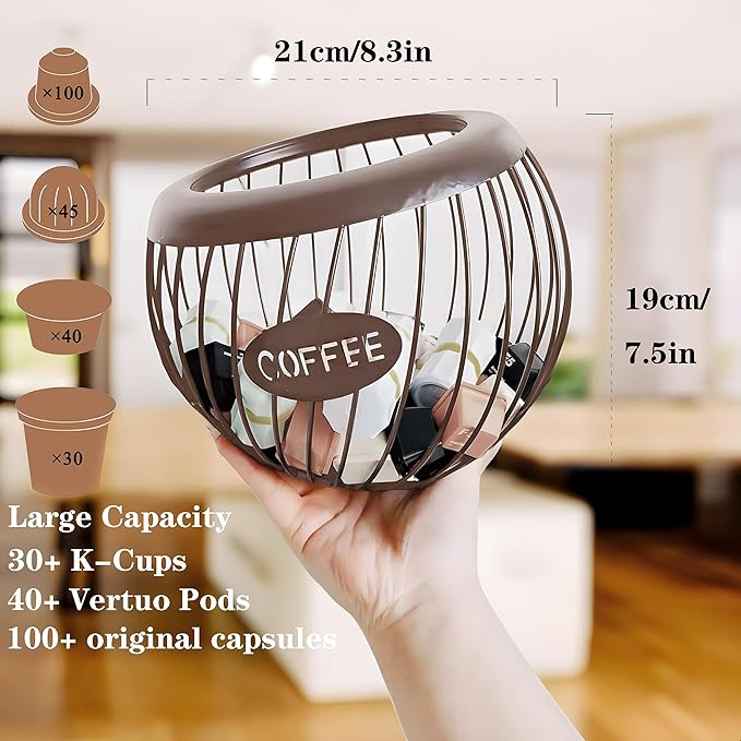 K-Cup Holder, Large Capacity K-Cup Organizer for Counter, Coffee Bar Accessories, Metal Coffee Pods Storage (Brown)