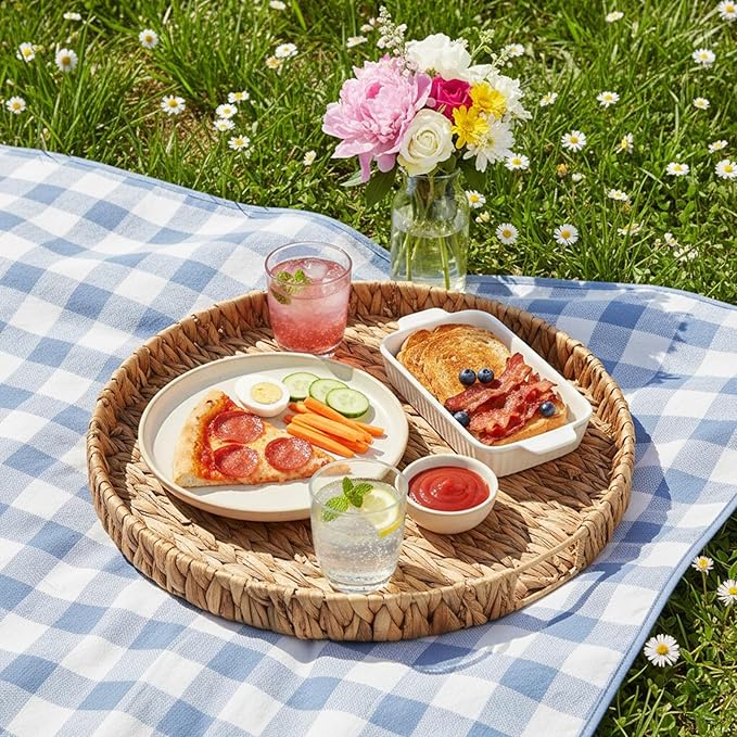 Round Ottoman Tray Large Wicker Serving Tray with Handles for Coffee Table, 16 Inch Handwoven Natural Water Hyacinth Tray