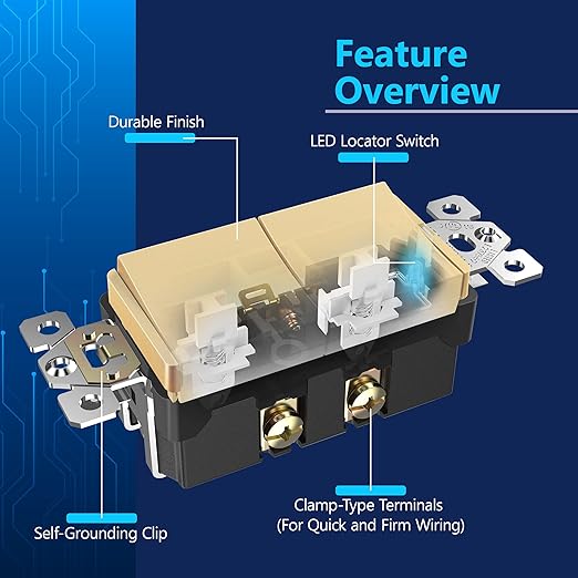 LIDER Matte Finish Lighted Double Switch with Screwless Wall Plate, Combination Frameless Decorator Switch with Locator Light, Ground Terminal Single Pole, 15A 120V, UL Listed, Gold, 2 Pack