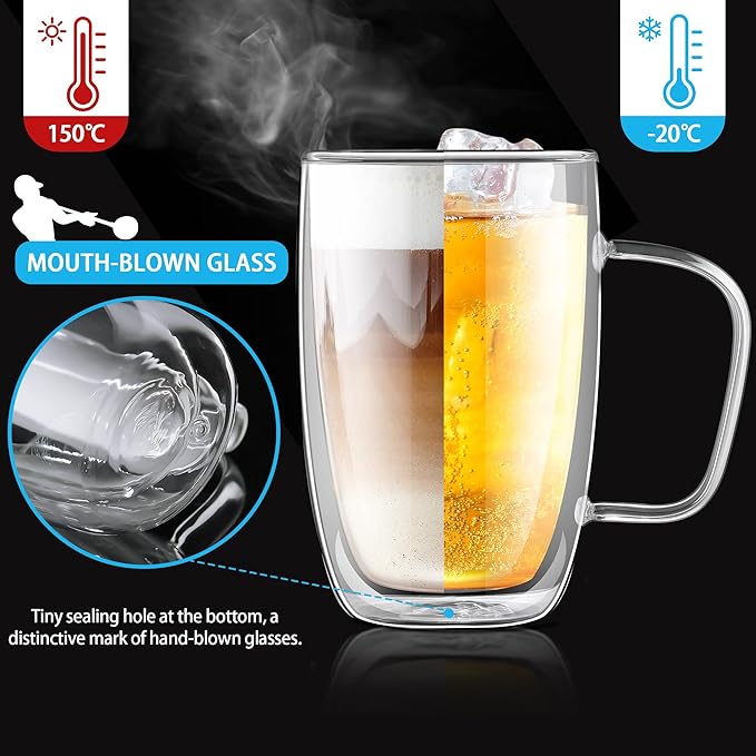 Joeyan Large Clear Double Walled Glass Coffee Mugs 16 oz, Double Layer Tea Latte Cappuccino Glasses Cups with Handle, Double Lined Insulated High Borosilicate Glassware for Hot Drinks, Set of 2