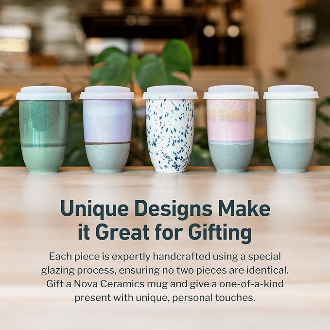 NOVA CERAMICS Travel Mug – Travel Coffee Tumbler – On the Go Coffee Mug – Microwave & Dishwasher Safe Green CoffeeTumbler - Gifts for Women Men Him Her – 12oz – Emerald