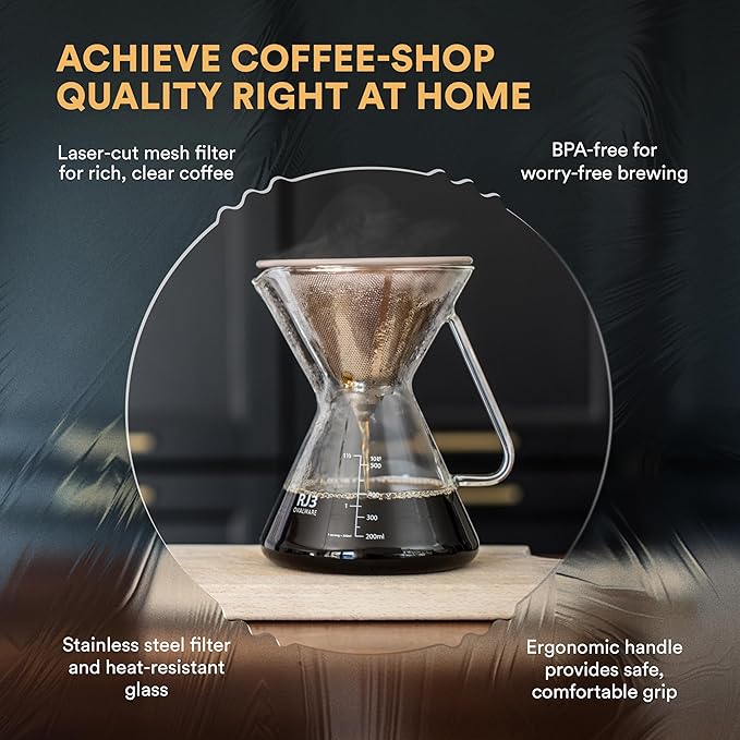 ovalware Pour Over Coffee Dripper Maker Paperless Stainless Steel Filter, Precision Measuring Cup and Carafe with Airtight Cold Brew Iced Coffee Maker Pitcher RJ3 Brewing Glass Carafe