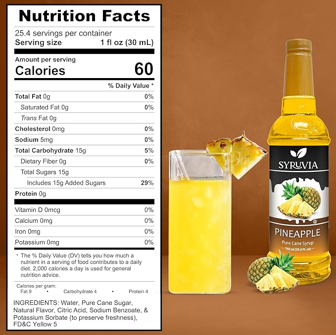 Syruvia Pineapple Syrup, Flavored Syrup for Drinks, Cocktails, Lemonades, Iced Teas, and Desserts – 25.4 fl oz, With Pump