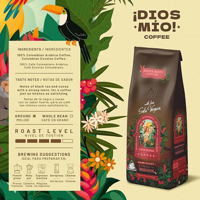 Dios Mio Coffee by Sofia Vergara, Dark Roast, Ground Premium Colombian Coffee, 12 Ounce Bag