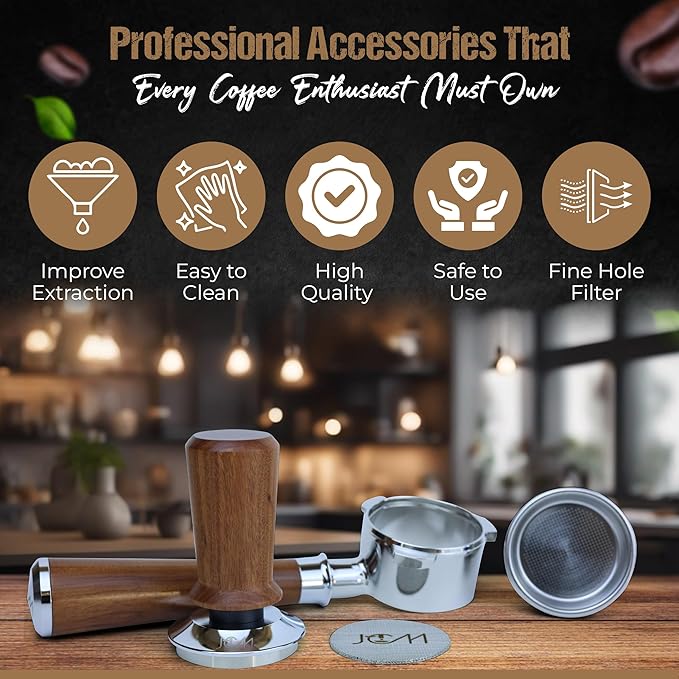 54mm Bottomless Naked Portafilter Red Rosewood Set – Compatible with 54mm Breville machines – Includes 18g Filter Basket, Calibrated Tamper with 30lbs Spring Loaded & 1.7mm Puck Screen