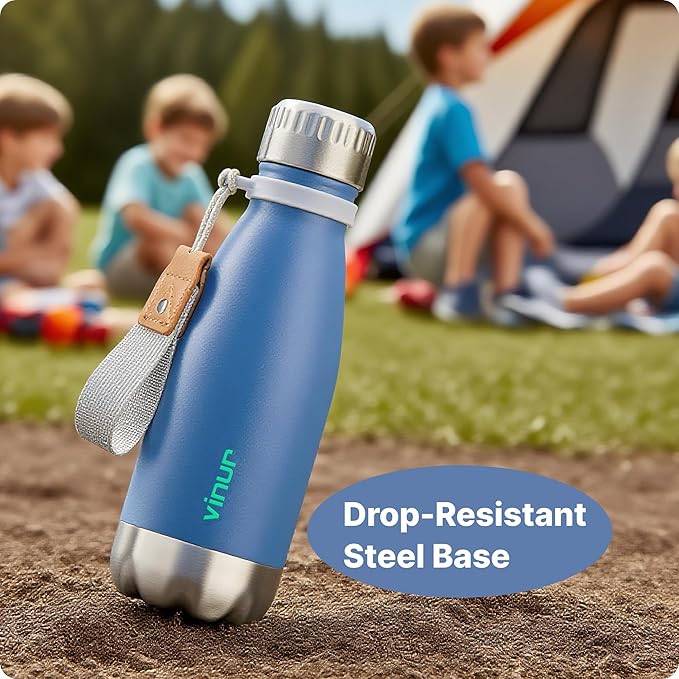 VINUR Kids Water Bottle-12 oz Stainless Steel Double Wall Vacuum Insulated Water Bottle for School-Cola Shape Flask with Carry Rope(Royal Blue)